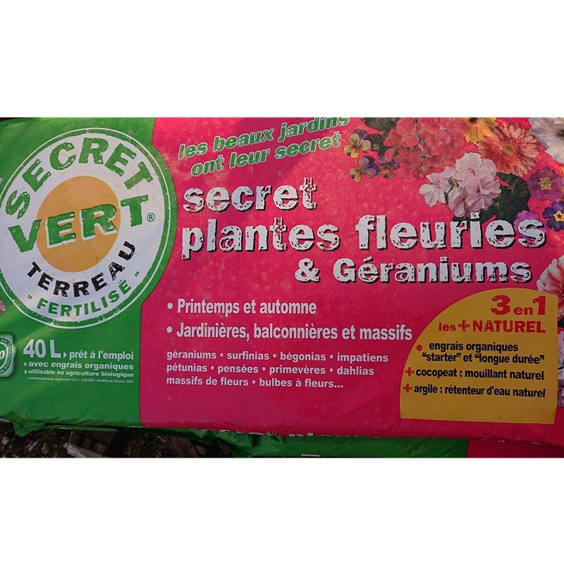 SECRET VERT plantes fleuries et g&eacute;raniums Terreau fertilis&eacute; 40 litres