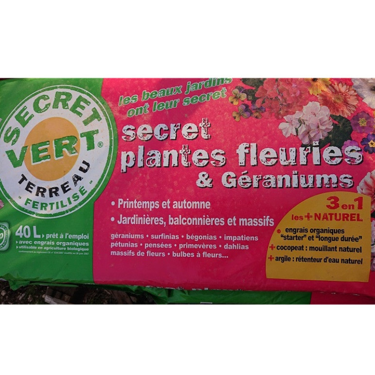 SECRET VERT plantes fleuries et g&eacute;raniums Terreau fertilis&eacute; 40 litres